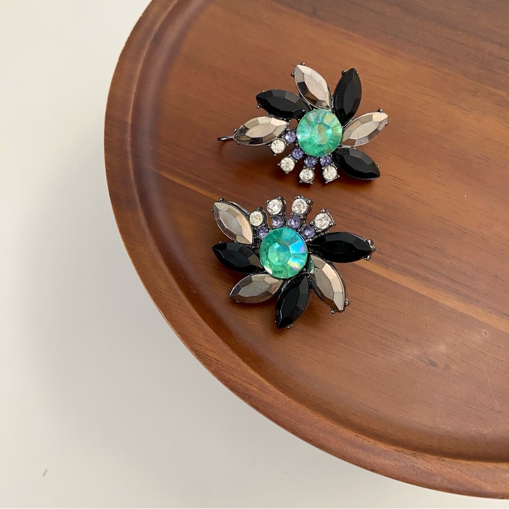 3/$20 Grey Teal Black Crystal Flower Wire Hoop Earrings